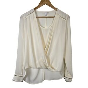 Cache Womens Ivory Faux Wrap Studded Long Sleeve Sheer Blouse Top XS
